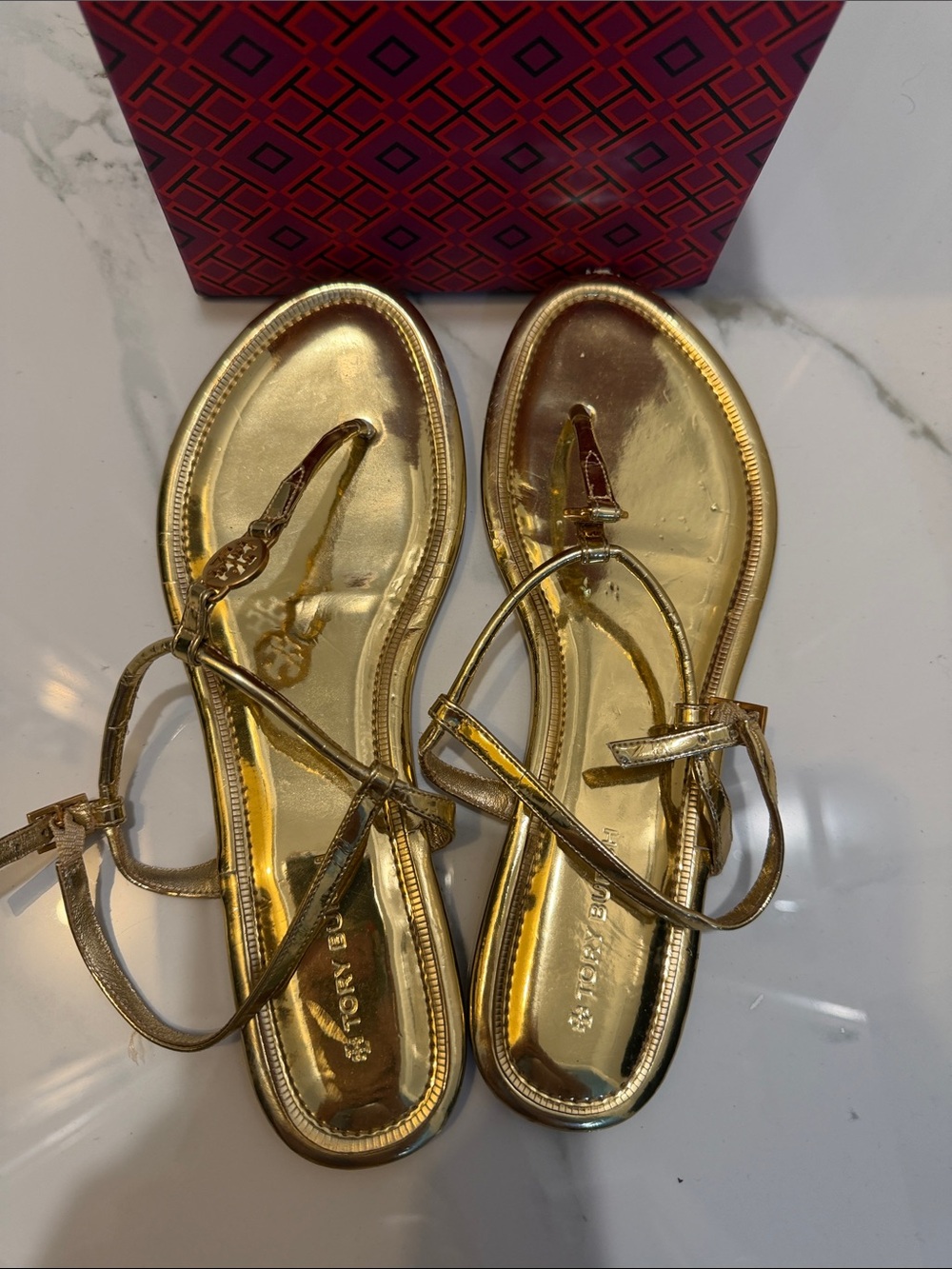 Tory Burch Metallic Gold T-Strap Sandals